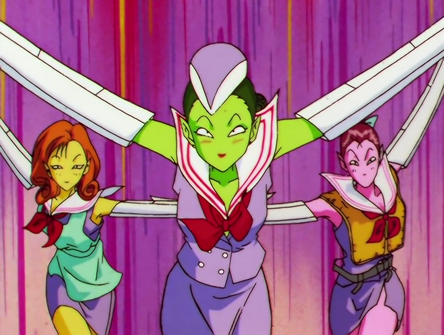 The Sailor Stewardesses, Phage from Sailor Moon episode 188. There are three of them, and they’re all dressed as flight attendants in lilac uniforms, albeit with white and red sailor collars and plane wings on their arms. The one on the left has yellow skin and orange hair, and wears a turquoise apron over her uniform. The middle one has light green skin and dark green hair, and wears a hat. The one on the right has pink skin and reddish hair, and wears a yellow inflatable life vest. They’re running at the viewer while T-posing, like they’re pretending to be planes.